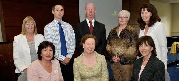 The outgoing HMRF Executive pictured at its 2010 AGM  Front row left to right Brid McAtarsney (Outgoing PCCC Rep), Cora McCaughan (Outgoing Chairperson) and Margo Leddy (H&S Advisors Group Rep) Back row left to right Maria McInerney (Former Chairperson); JP Kehoe (Secretary); John McElhinney (Outgoing NHO Rep and incoming Chairperson); Rosemary Ryan (IPB and Former Non-HSE Members Rep) and Maeve Goggin (Outgoing NHO Reprehensive) Absent were Pat Maloney (Outgoing PCCC Representative) and Ann O'Neill (Treasurer)