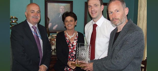 Will Andrews, chair of Dublin Cycling Campaign presents a Golden Pedal Award to Fergus Ashe, Allied Services Manager, Mona Baker, CEO and Padraig Ryan Padraig Ryan, Energy Coordinator of the  Children’s University Hospital, Temple Street